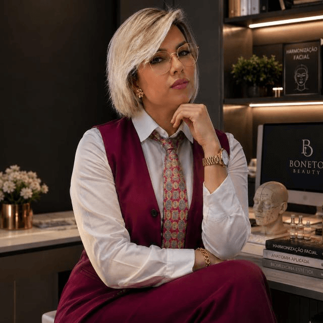 Dra. Tatiana Boneto em seu consultório, diante de referências de harmonização facial